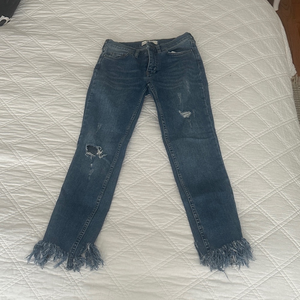 We The Free Blue Distressed Straight-Leg Jeans with Frayed Hem